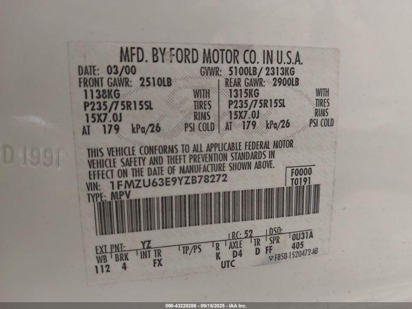 2000 Ford Explorer Xlt VIN: 1FMZU63E9YZB78272 Lot: 43228286