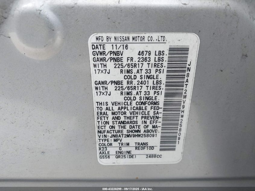 2017 Nissan Rogue S VIN: JN8AT2MV9HW258091 Lot: 43228299