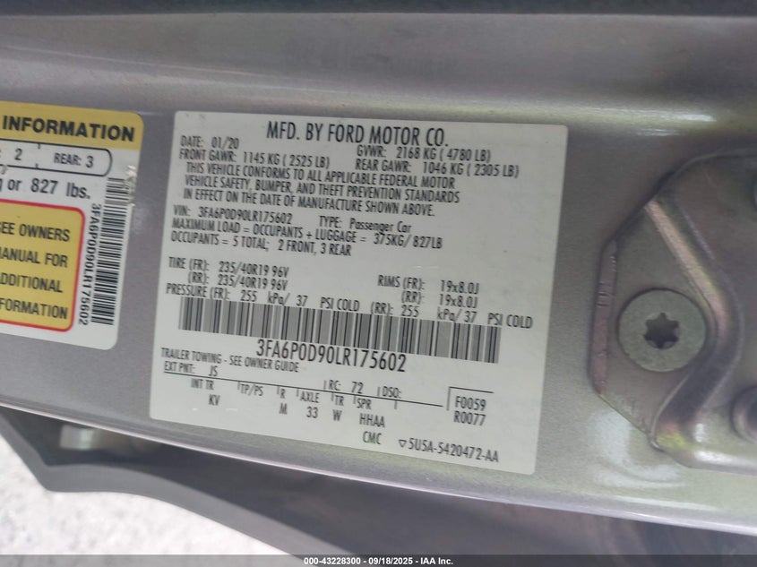 2020 Ford Fusion Titanium VIN: 3FA6P0D90LR175602 Lot: 43228300