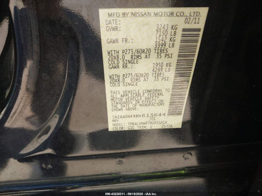 2011 Nissan Armada Platinum VIN: 5N1BA0NFXBN615644 Lot: 43228311