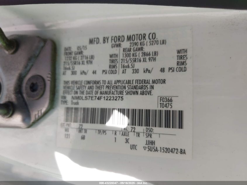 2015 Ford Transit Connect Xl VIN: NM0LS7E74F1223275 Lot: 43228347