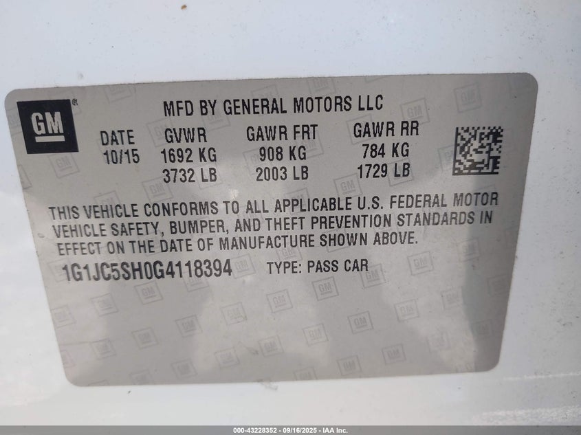 2016 CHEVROLET SONIC LT AUTO - 1G1JC5SH0G4118394