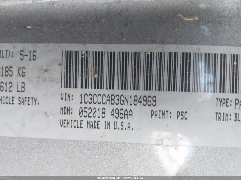 2016 Chrysler 200 Limited Platinum VIN: 1C3CCCAB3GN184969 Lot: 43228378