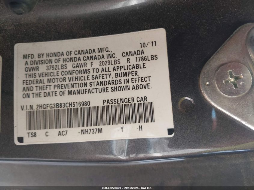 2012 Honda Civic Ex VIN: 2HGFG3B83CH516980 Lot: 43228379