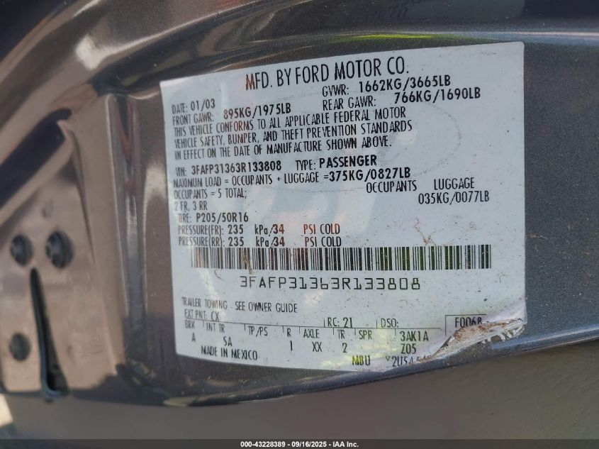 2003 Ford Focus Zx3 VIN: 3FAFP31363R133808 Lot: 43228389