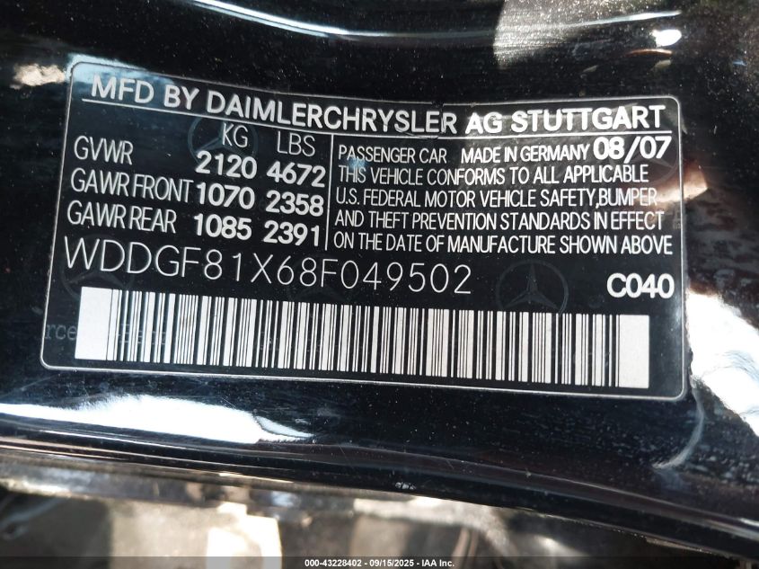 2008 Mercedes-Benz C 300 Luxury 4Matic/Sport 4Matic VIN: WDDGF81X68F049502 Lot: 43228402