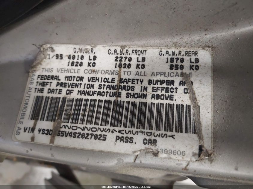 1995 Saab 900 Se VIN: YS3DF55V4S2027025 Lot: 43228414