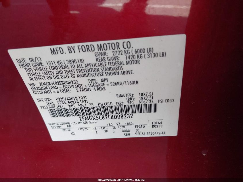 2014 Ford Flex Sel VIN: 2FMGK5C82EBD08232 Lot: 43228426