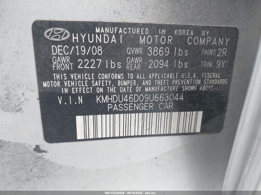2009 Hyundai Elantra Gls VIN: KMHDU46D09U663044 Lot: 43228429
