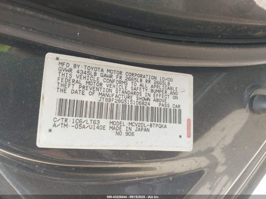 2001 Lexus Es 300 VIN: JT8BF28G515106824 Lot: 43228444