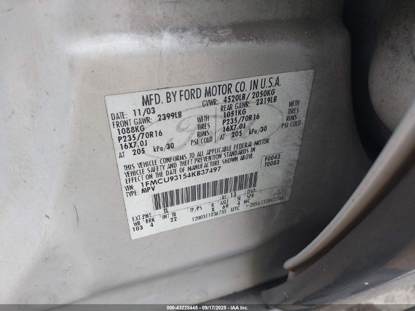 2004 Ford Escape Xlt VIN: 1FMCU93154KB37497 Lot: 43228445