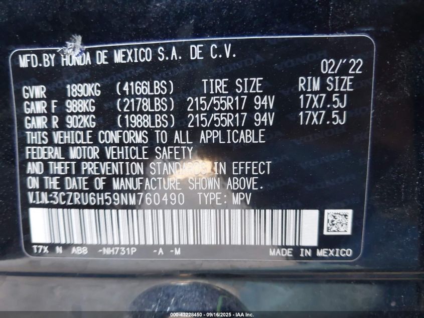 2022 Honda Hr-V Awd Ex VIN: 3CZRU6H59NM760490 Lot: 43228450