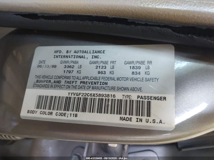 1999 Mazda 626 Es/Lx VIN: 1YVGF22C6X5893816 Lot: 43228455