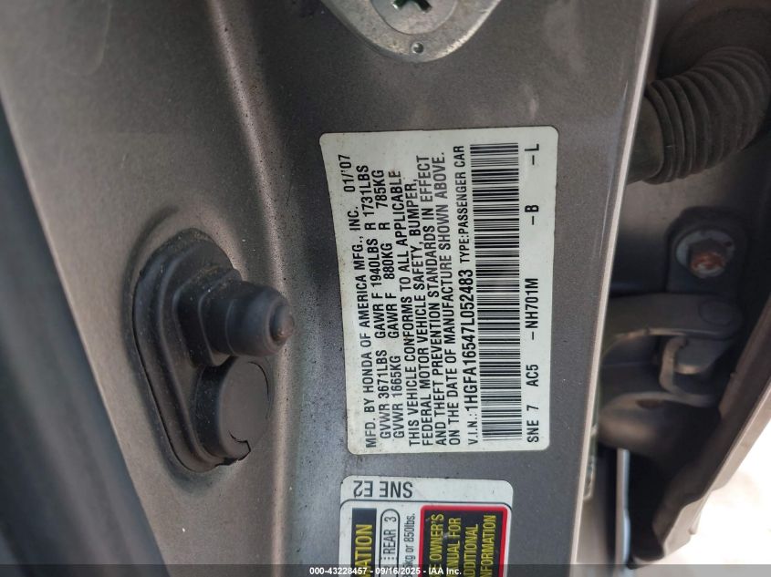 2007 Honda Civic Lx VIN: 1HGFA16547L052483 Lot: 43228457