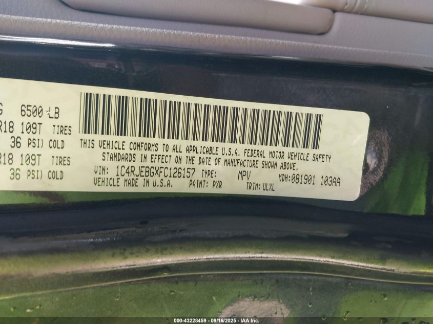 2015 Jeep Grand Cherokee Limited VIN: 1C4RJEBGXFC126157 Lot: 43228459