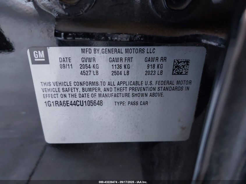 2012 Chevrolet Volt VIN: 1G1RA6E44CU105648 Lot: 43228474