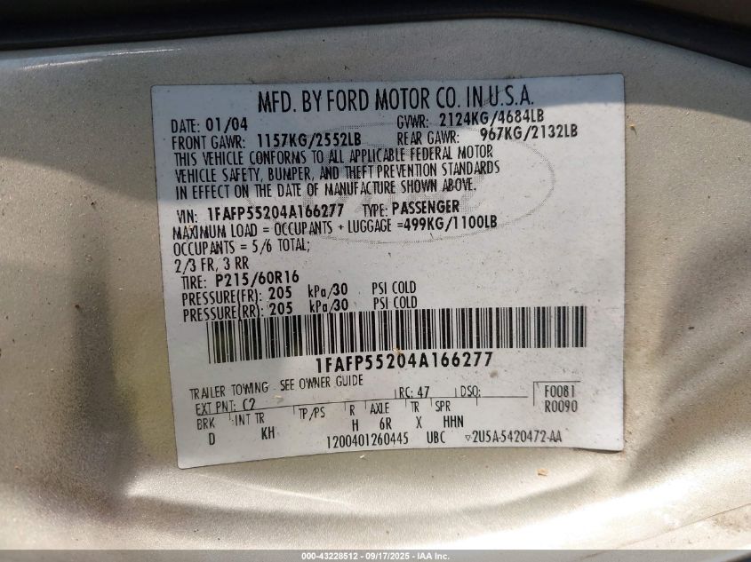 2004 Ford Taurus Ses VIN: 1FAFP55204A166277 Lot: 43228512