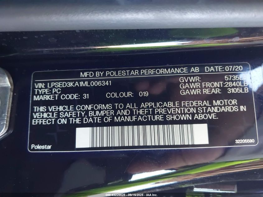 2021 Polestar 2 Launch Edition VIN: LPSED3KA1ML006341 Lot: 43228528