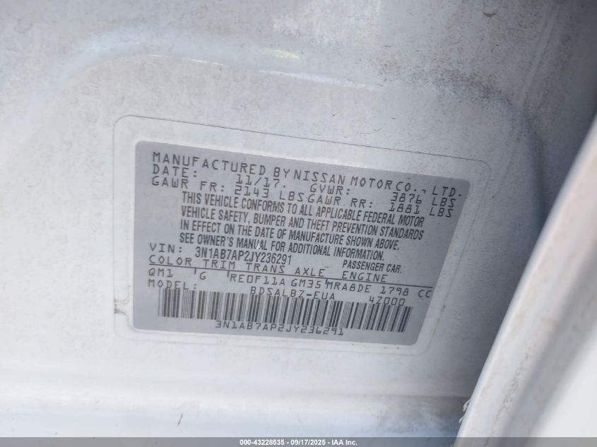 2018 Nissan Sentra S VIN: 3N1AB7AP2JY236291 Lot: 43228535