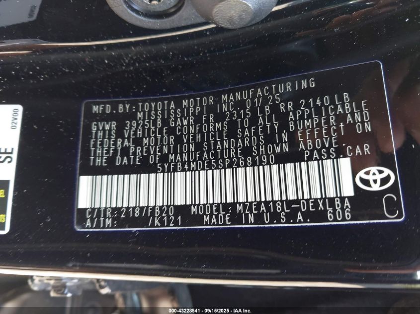 2025 Toyota Corolla Le VIN: 5YFB4MDE5SP268190 Lot: 43228541