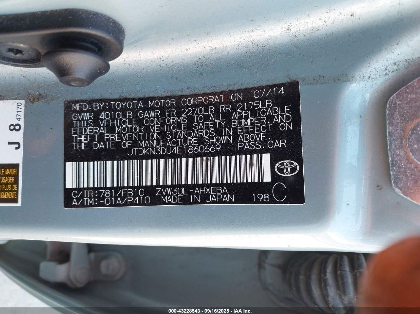 2014 Toyota Prius Three VIN: JTDKN3DU4E1860669 Lot: 43228543