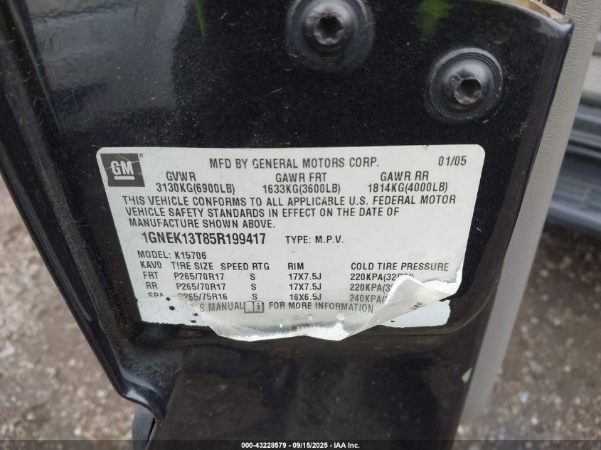 2005 Chevrolet Tahoe Lt VIN: 1GNEK13T85R199417 Lot: 43228579