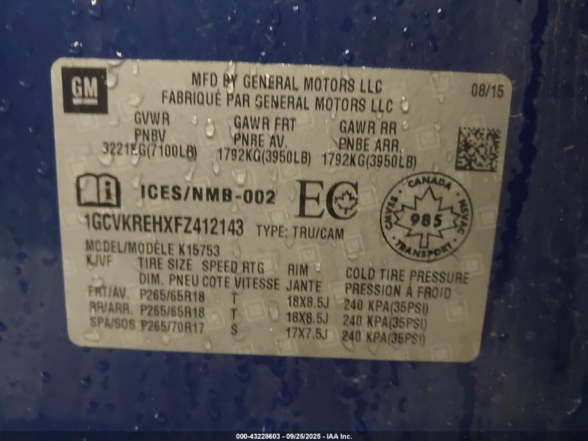 2015 Chevrolet Silverado 1500 1Lt/2Lt VIN: 1GCVKREHXFZ412143 Lot: 43228603