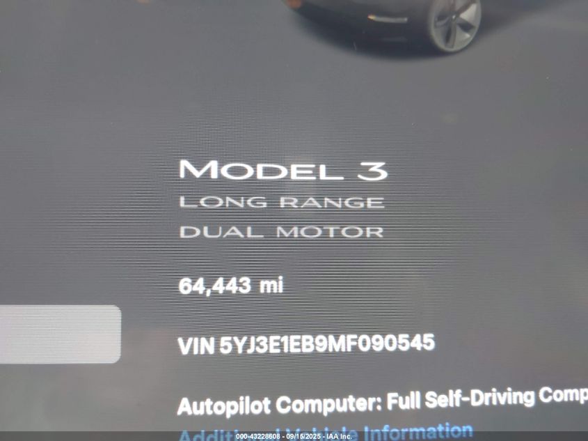 2021 Tesla Model 3 Long Range Dual Motor All-Wheel Drive VIN: 5YJ3E1EB9MF090545 Lot: 43228608