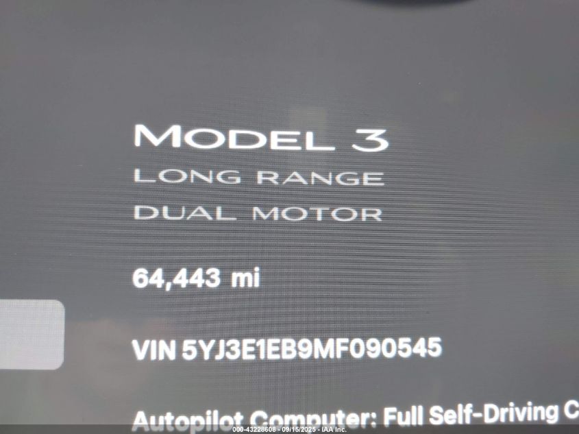 2021 Tesla Model 3 Long Range Dual Motor All-Wheel Drive VIN: 5YJ3E1EB9MF090545 Lot: 43228608