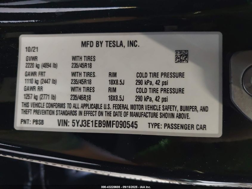 2021 Tesla Model 3 Long Range Dual Motor All-Wheel Drive VIN: 5YJ3E1EB9MF090545 Lot: 43228608