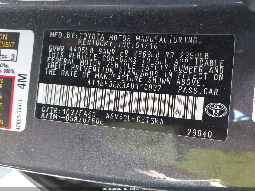 2010 Toyota Camry Xle VIN: 4T1BF3EK3AU110937 Lot: 43228607