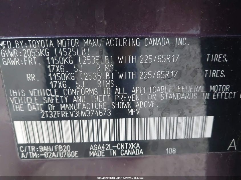2017 Toyota Rav4 Le VIN: 2T3ZFREV3HW374673 Lot: 43228618