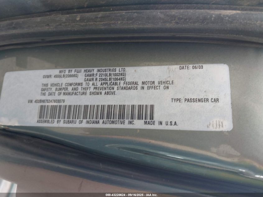 2004 Subaru Legacy Outback Awp VIN: 4S3BH675247603079 Lot: 43228624