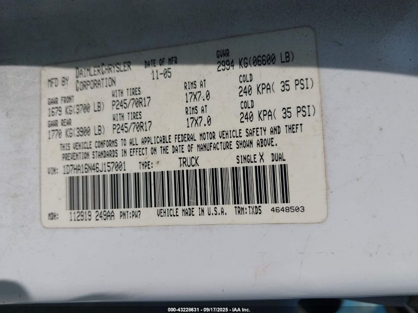 2006 Dodge Ram 1500 St VIN: 1D7HA16N46J157001 Lot: 43228631