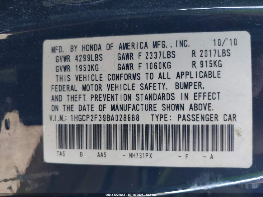 2011 Honda Accord 2.4 Lx VIN: 1HGCP2F39BA028688 Lot: 43228641