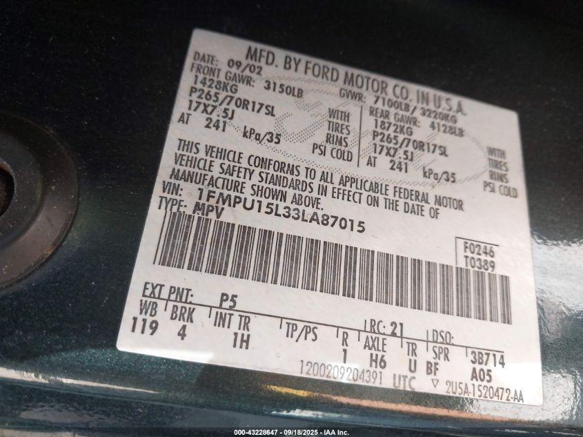 2003 Ford Expedition Xlt VIN: 1FMPU15L33LA87015 Lot: 43228647