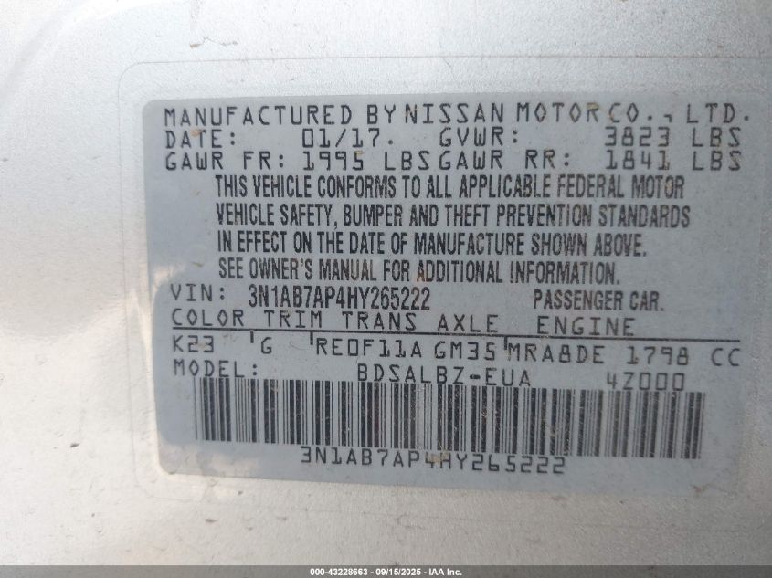 2017 Nissan Sentra S VIN: 3N1AB7AP4HY265222 Lot: 43228663