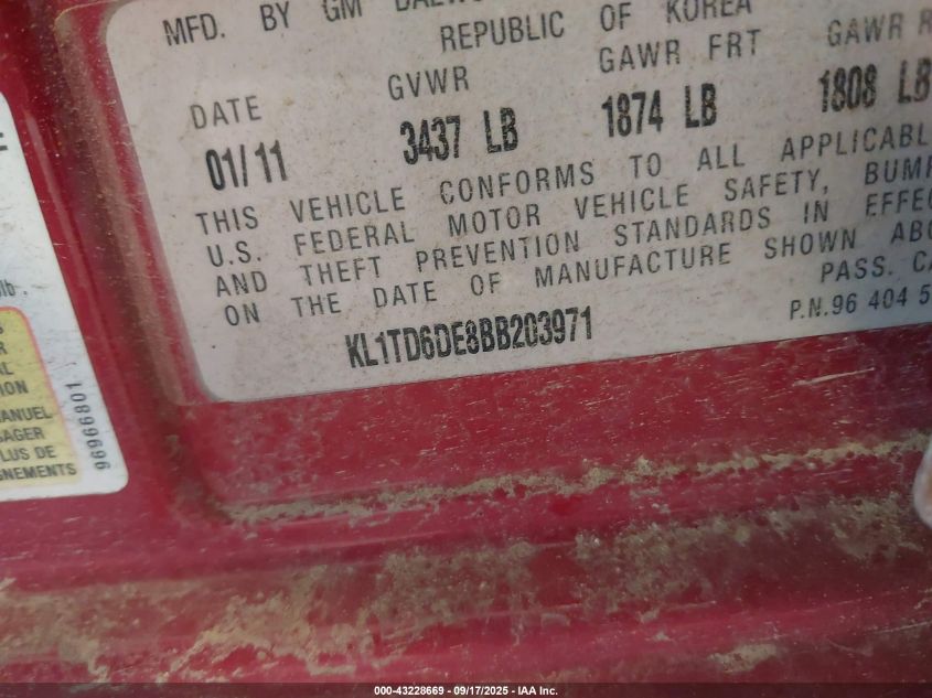 2011 Chevrolet Aveo Ls VIN: KL1TD6DE8BB203971 Lot: 43228669