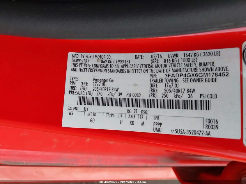 2016 Ford Fiesta St VIN: 3FADP4GX6GM178452 Lot: 43228672