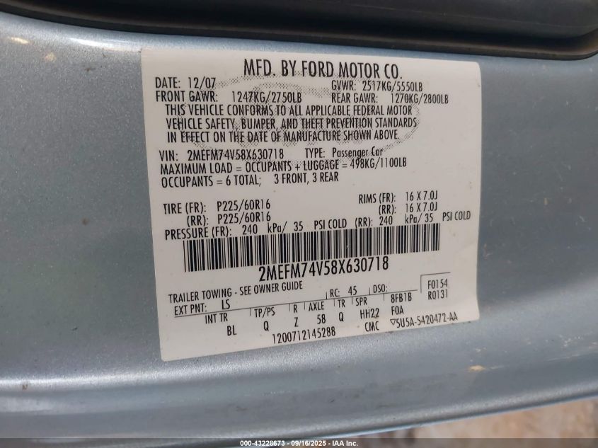 2008 Mercury Grand Marquis Gs VIN: 2MEFM74V58X630718 Lot: 43228673