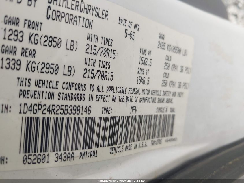 2005 Dodge Grand Caravan Se VIN: 1D4GP24R25B398146 Lot: 43228685