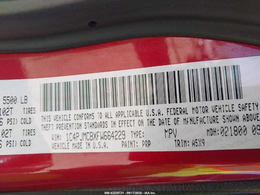 2015 Jeep Cherokee Latitude VIN: 1C4PJMCBXFW664229 Lot: 43228721