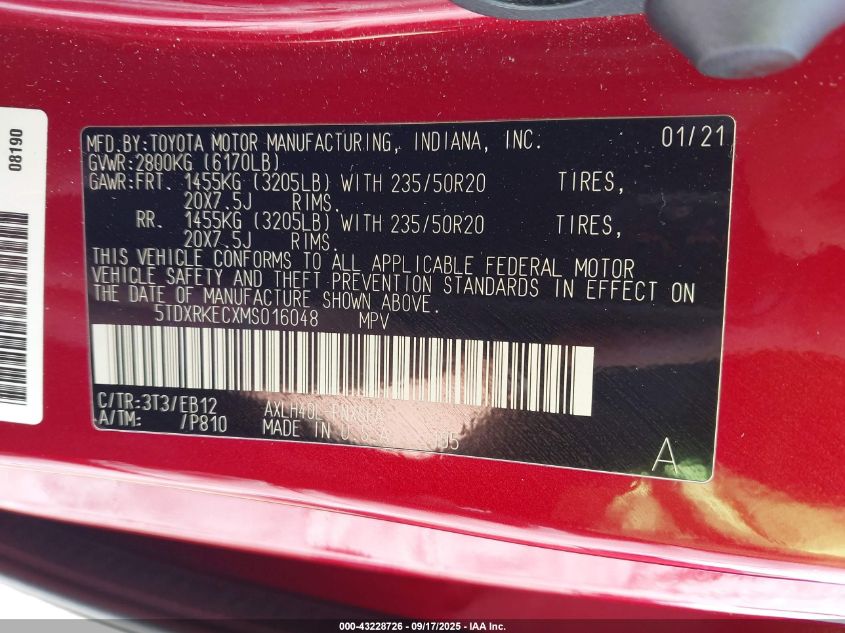 2021 Toyota Sienna Xse VIN: 5TDXRKECXMS016048 Lot: 43228726