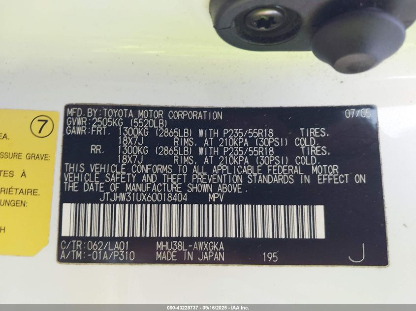 2006 Lexus Rx 400H VIN: JTJHW31UX60018404 Lot: 43228737