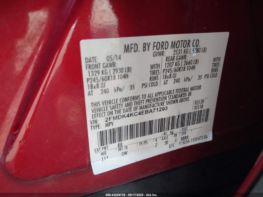 2014 Ford Edge Limited VIN: 2FMDK4KC4EBA71293 Lot: 43228739