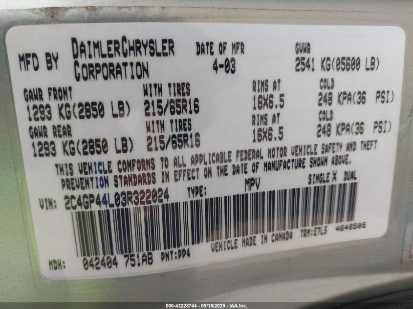 2003 Chrysler Town & Country Lx VIN: 2C4GP44L03R322024 Lot: 43228744