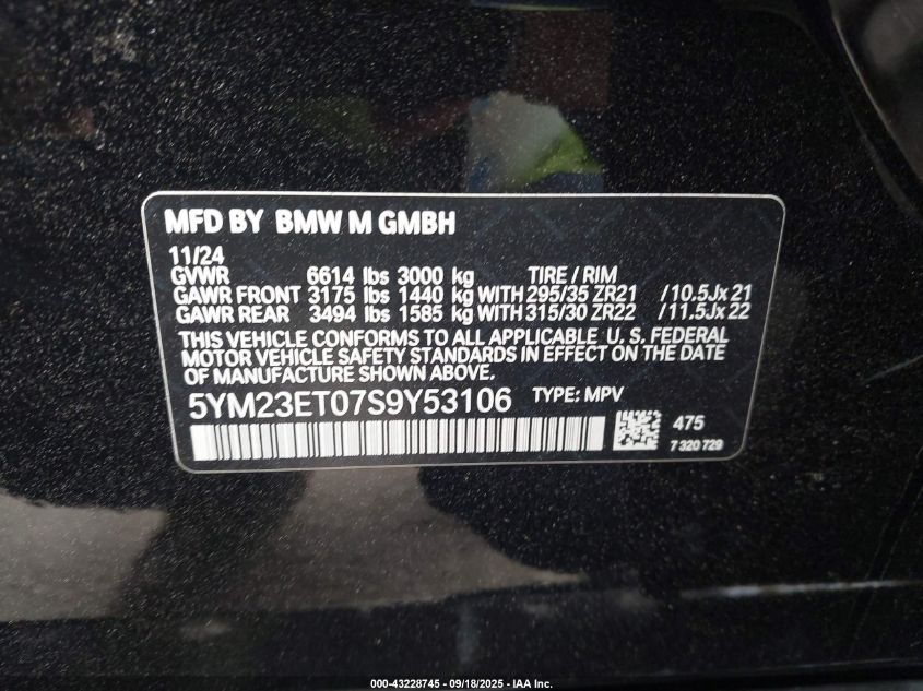 2025 BMW X6 M VIN: 5YM23ET07S9Y53106 Lot: 43228745