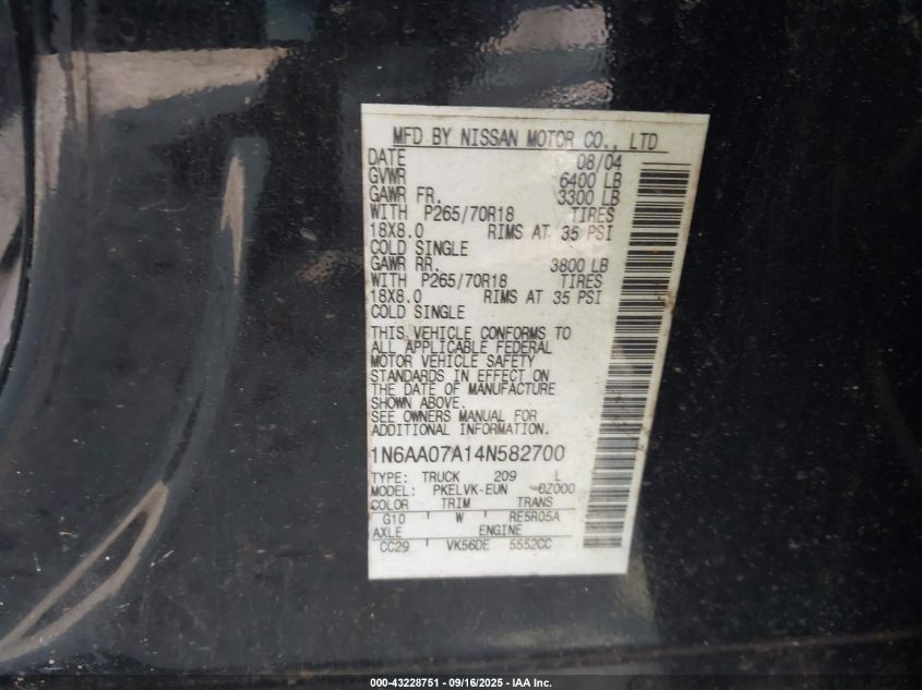 2004 Nissan Titan Le VIN: 1N6AA07A14N582700 Lot: 43228751