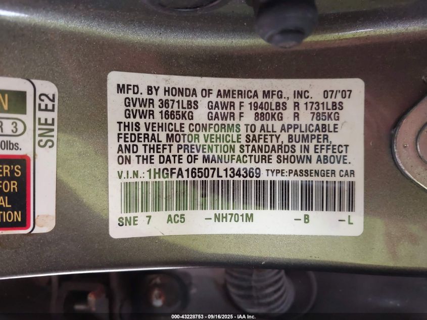 2007 Honda Civic Lx VIN: 1HGFA16507L134369 Lot: 43228753