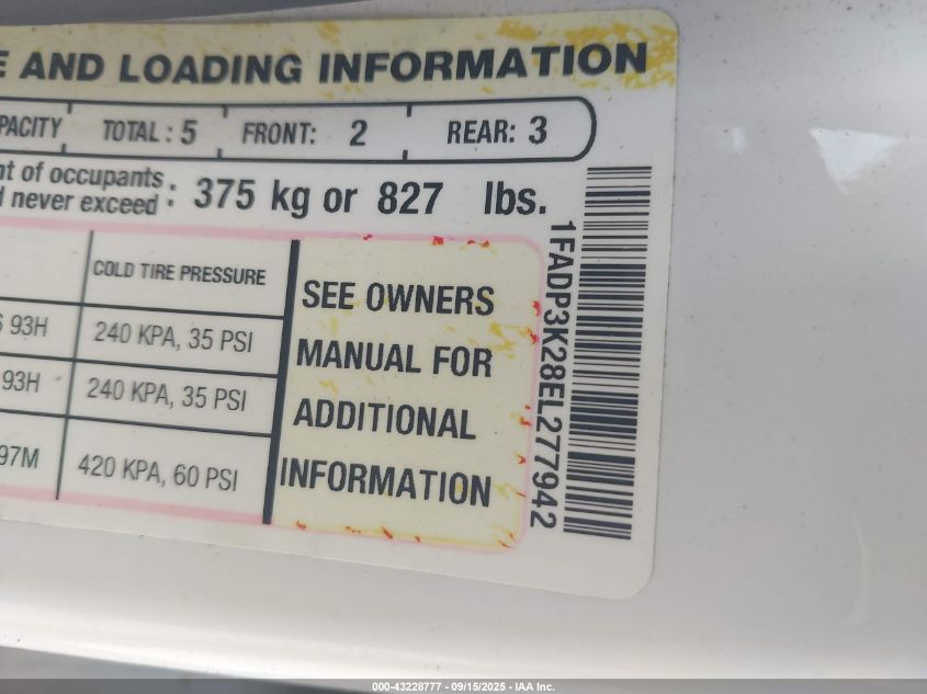 2014 Ford Focus Se VIN: 1FADP3K28EL277942 Lot: 43228777